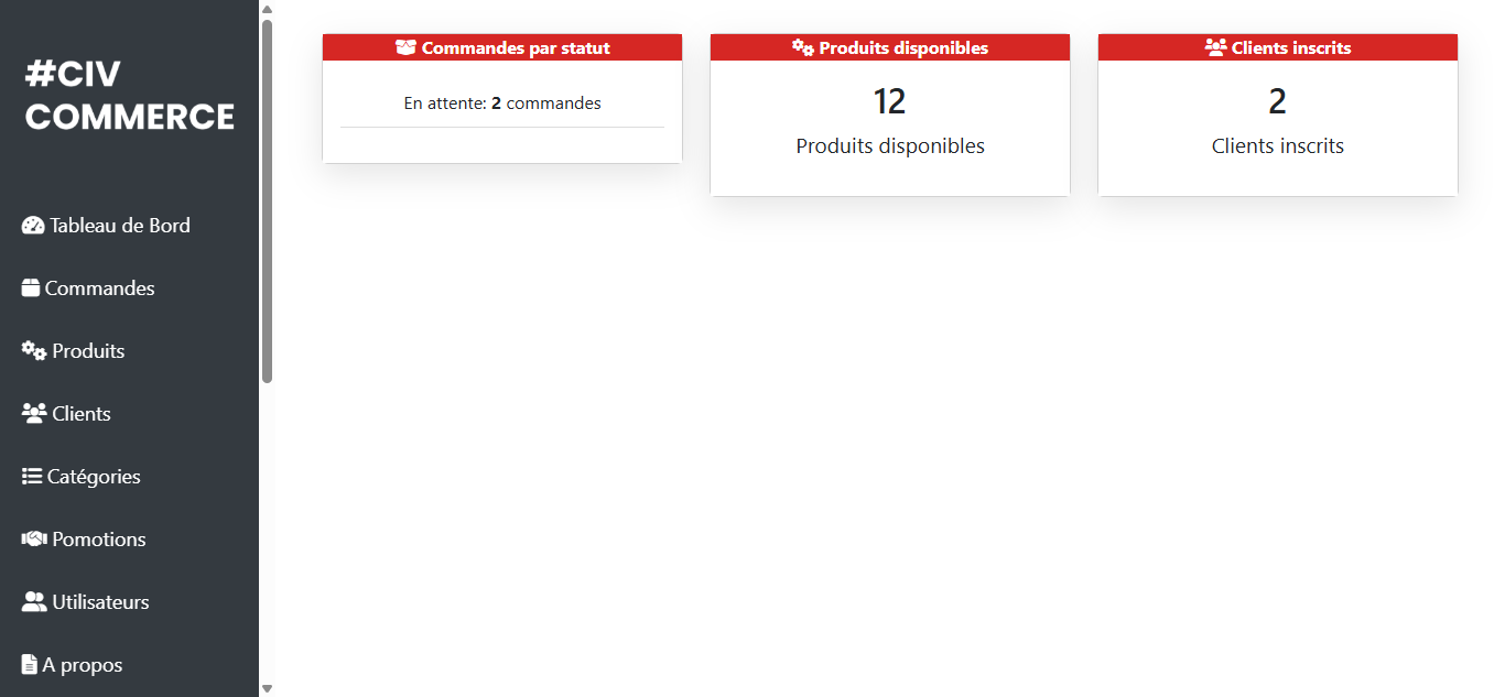 Interface de gestion de catalogue de CIV COMMERCE